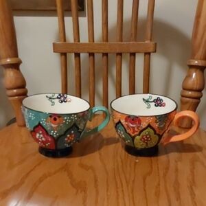 Handcrafted Floral Mugs - Teal and Orange